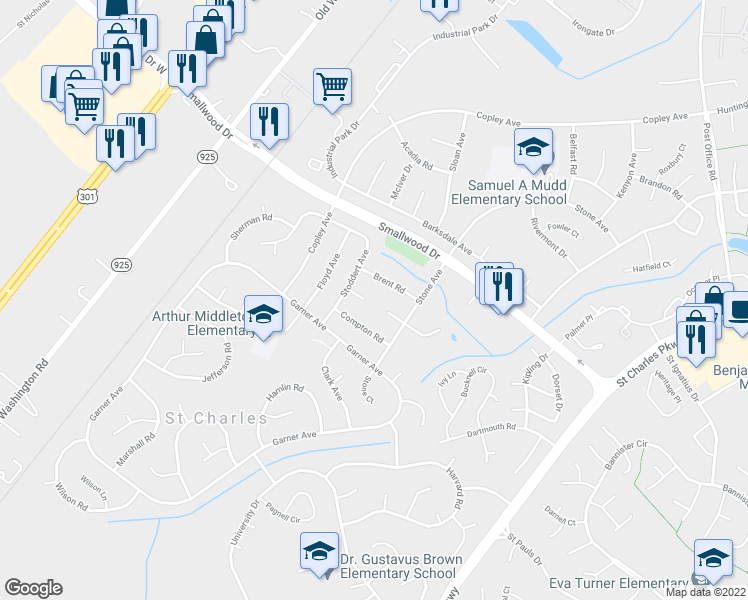 map of restaurants, bars, coffee shops, grocery stores, and more near 216 Wells Court in Waldorf