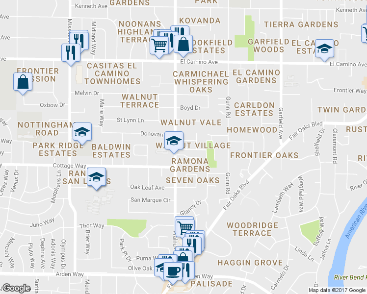 map of restaurants, bars, coffee shops, grocery stores, and more near 5101 Parque Vista Way in Carmichael