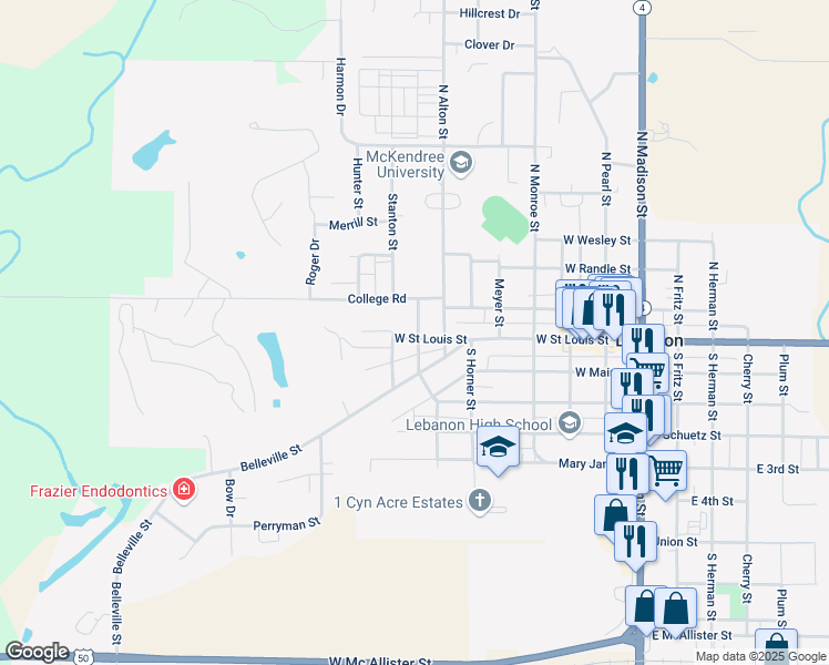 map of restaurants, bars, coffee shops, grocery stores, and more near 801 West Saint Louis Street in Lebanon