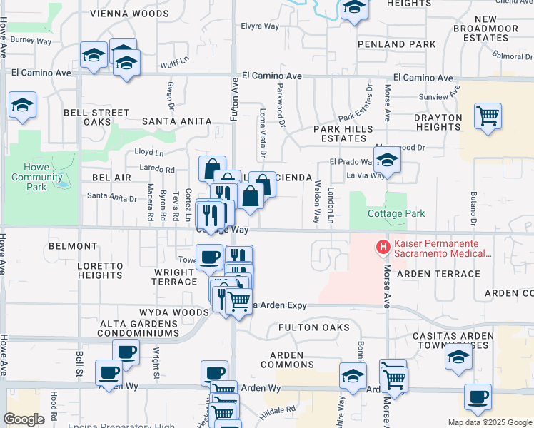 map of restaurants, bars, coffee shops, grocery stores, and more near 2707 Hacienda Way in Sacramento
