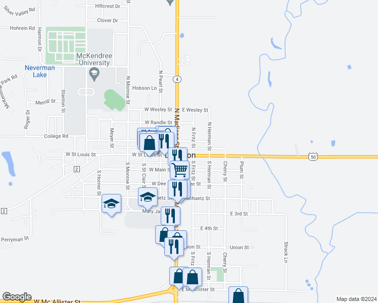 map of restaurants, bars, coffee shops, grocery stores, and more near 121 Federal Aid Secondary 1780 in Lebanon