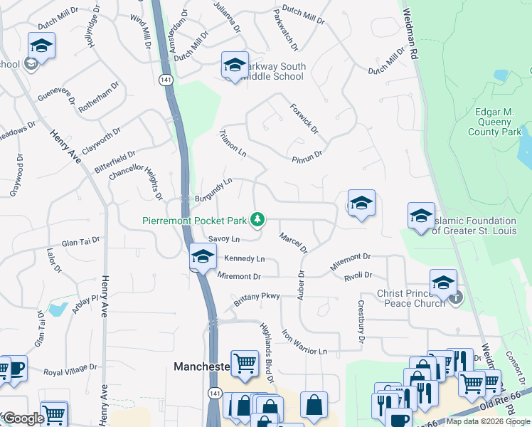 map of restaurants, bars, coffee shops, grocery stores, and more near 1021 Dauphine Lane in Ballwin