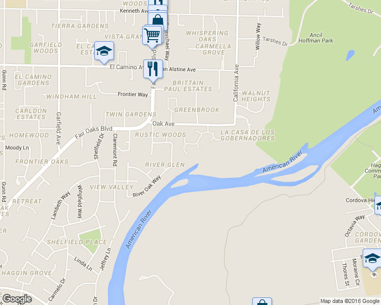 map of restaurants, bars, coffee shops, grocery stores, and more near 22 Riverbank Place in Carmichael