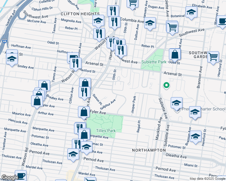 map of restaurants, bars, coffee shops, grocery stores, and more near 5927 Suson Place in Saint Louis