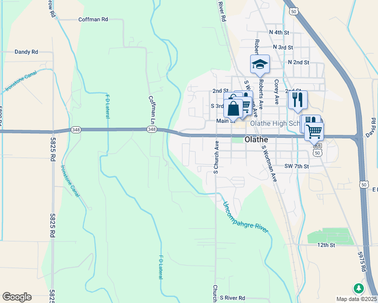 map of restaurants, bars, coffee shops, grocery stores, and more near 150 West 5th Street in Olathe