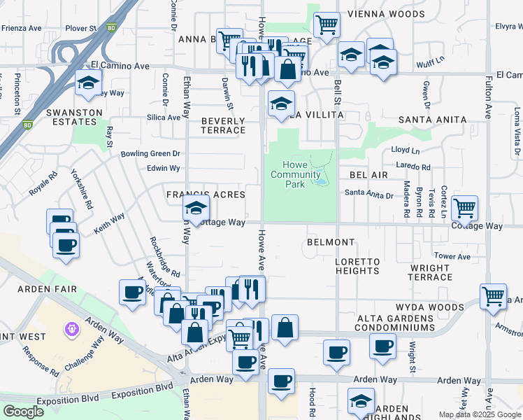 map of restaurants, bars, coffee shops, grocery stores, and more near 2100 Howe Avenue in Sacramento