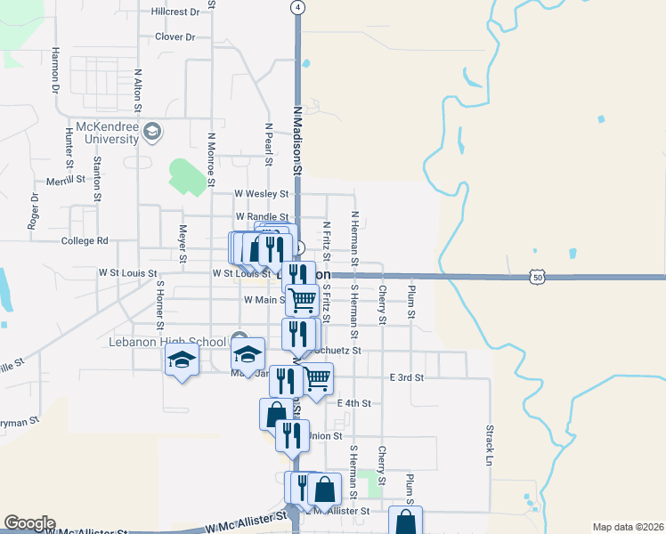 map of restaurants, bars, coffee shops, grocery stores, and more near 121 Federal Aid Secondary 1780 in Lebanon