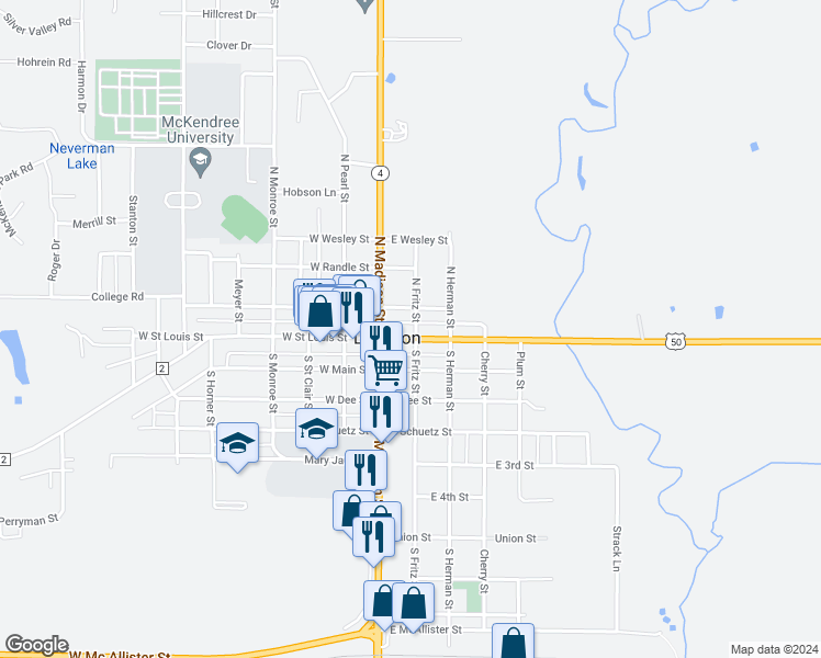map of restaurants, bars, coffee shops, grocery stores, and more near 121 Federal Aid Secondary 1780 in Lebanon