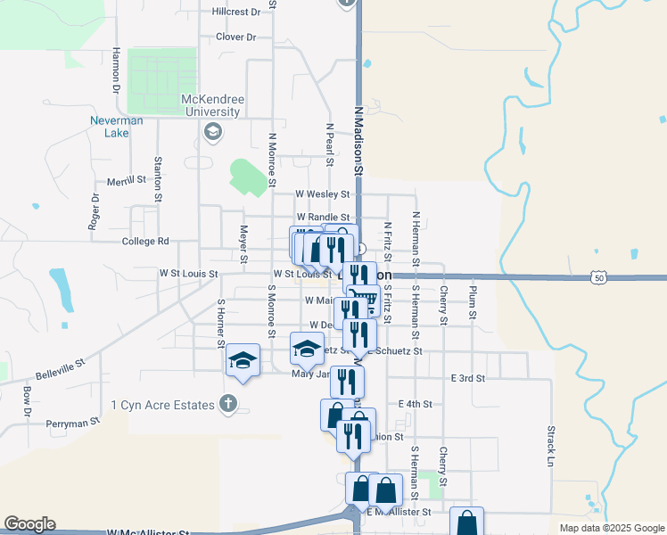 map of restaurants, bars, coffee shops, grocery stores, and more near 207 West Saint Louis Street in Lebanon