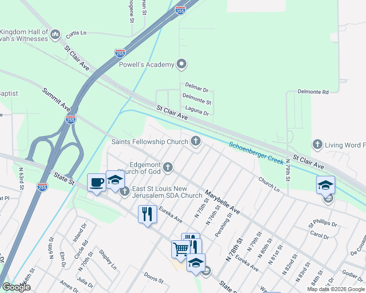 map of restaurants, bars, coffee shops, grocery stores, and more near 842 North 71st Street in East St. Louis