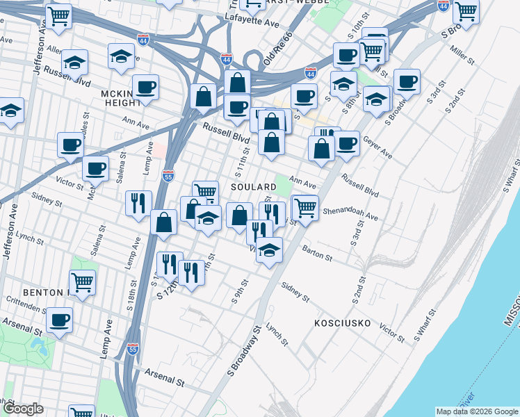map of restaurants, bars, coffee shops, grocery stores, and more near 1014 Lami Street in St. Louis