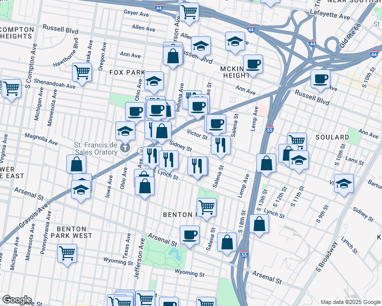 map of restaurants, bars, coffee shops, grocery stores, and more near 2615 Missouri Avenue in St. Louis