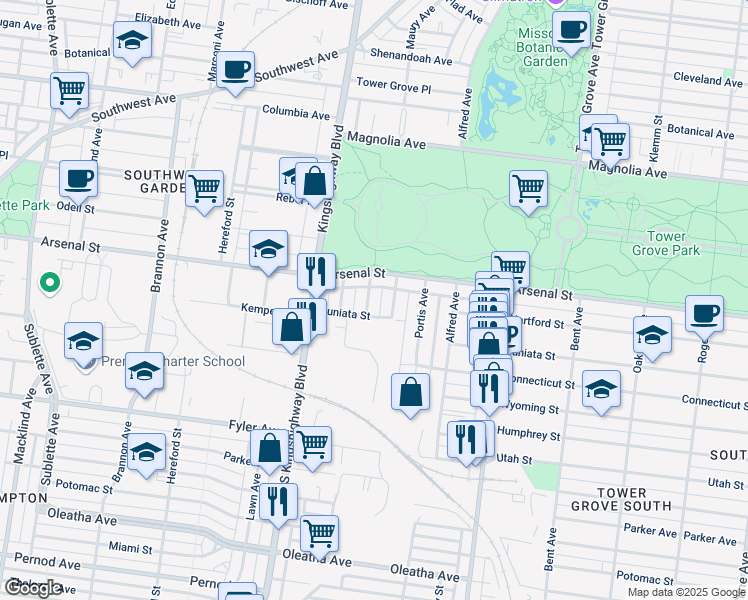 map of restaurants, bars, coffee shops, grocery stores, and more near 3136 Maury Avenue in St. Louis