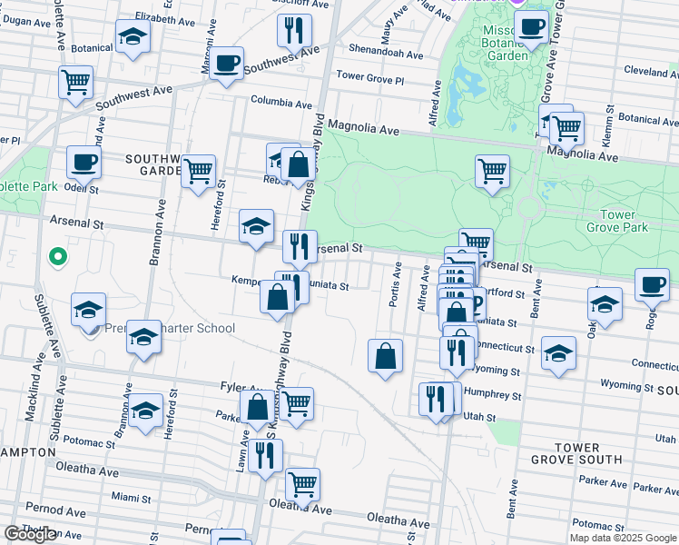 map of restaurants, bars, coffee shops, grocery stores, and more near 3136 Maury Avenue in St. Louis