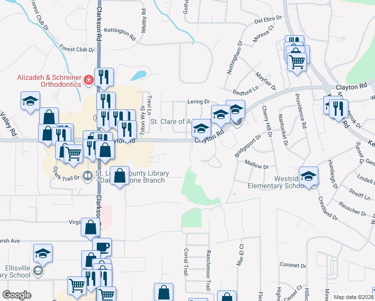 map of restaurants, bars, coffee shops, grocery stores, and more near 316 Clayton Crossing Drive in Ellisville