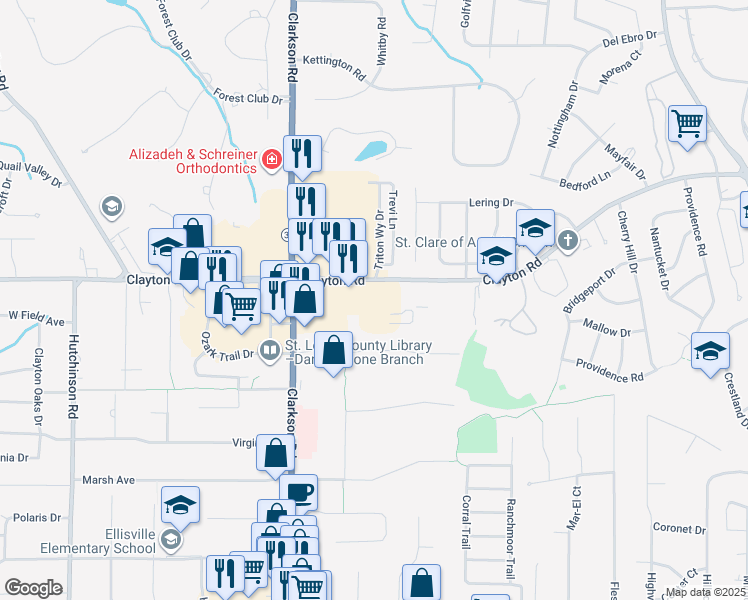map of restaurants, bars, coffee shops, grocery stores, and more near 15826 Clayton Road in Ellisville