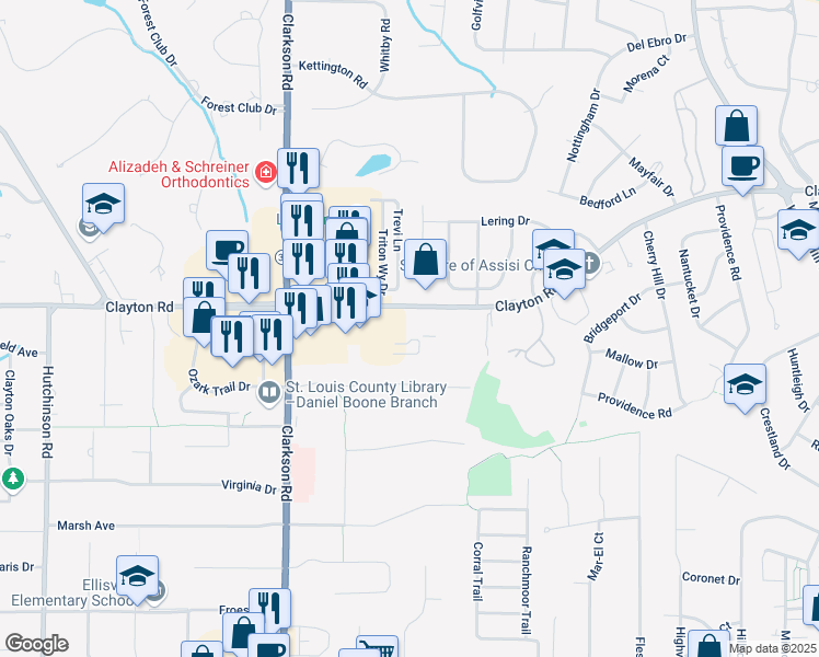 map of restaurants, bars, coffee shops, grocery stores, and more near 15820 Clayton Road in Ellisville