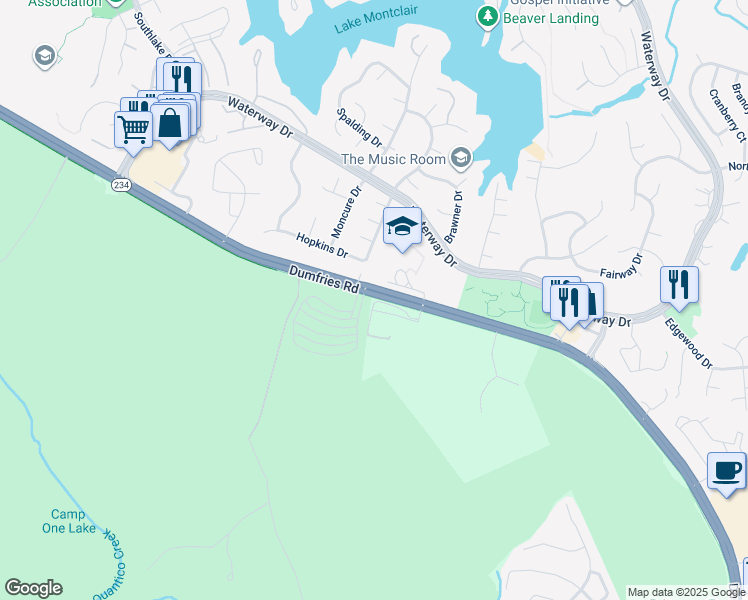 map of restaurants, bars, coffee shops, grocery stores, and more near 16144 Dumfries Road in Dumfries