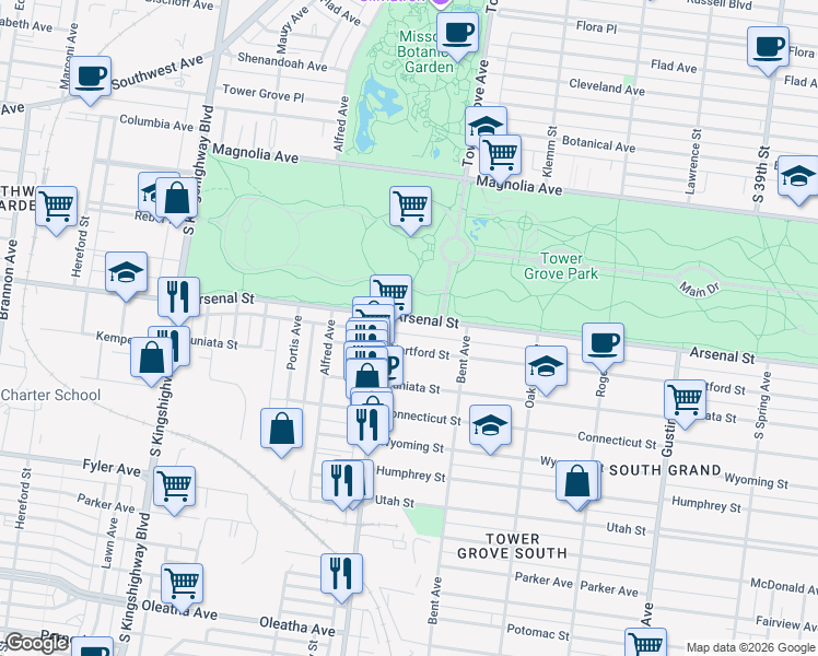 map of restaurants, bars, coffee shops, grocery stores, and more near 4242 Arsenal Street in St. Louis