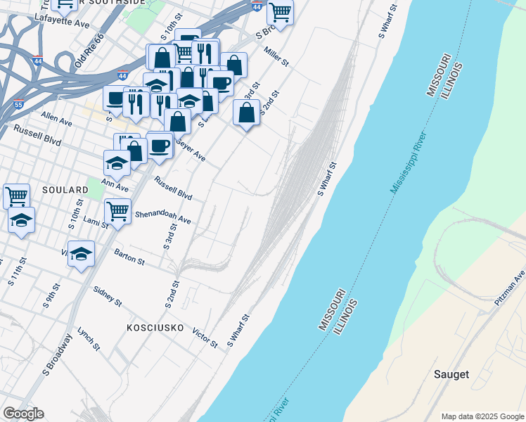 map of restaurants, bars, coffee shops, grocery stores, and more near 109 Russell Boulevard in St. Louis