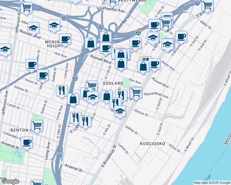 map of restaurants, bars, coffee shops, grocery stores, and more near 1014 Lami Street in St. Louis