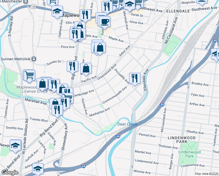 map of restaurants, bars, coffee shops, grocery stores, and more near 3511 Oxford Avenue in Maplewood