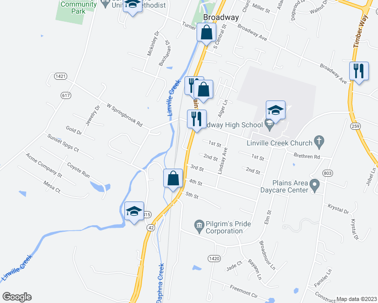 map of restaurants, bars, coffee shops, grocery stores, and more near 445 South Main Street in Broadway