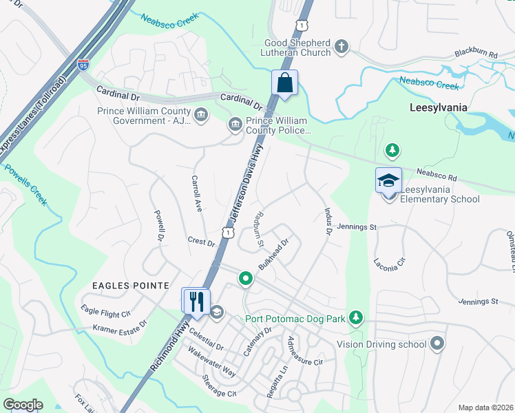 map of restaurants, bars, coffee shops, grocery stores, and more near 15928 Uppsala Court in Woodbridge