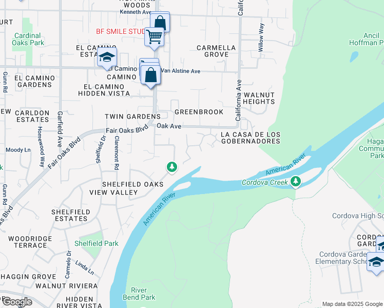 map of restaurants, bars, coffee shops, grocery stores, and more near 22 Riverbank Place in Carmichael