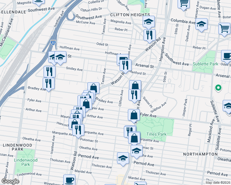map of restaurants, bars, coffee shops, grocery stores, and more near 6310 Wyoming Street in St. Louis