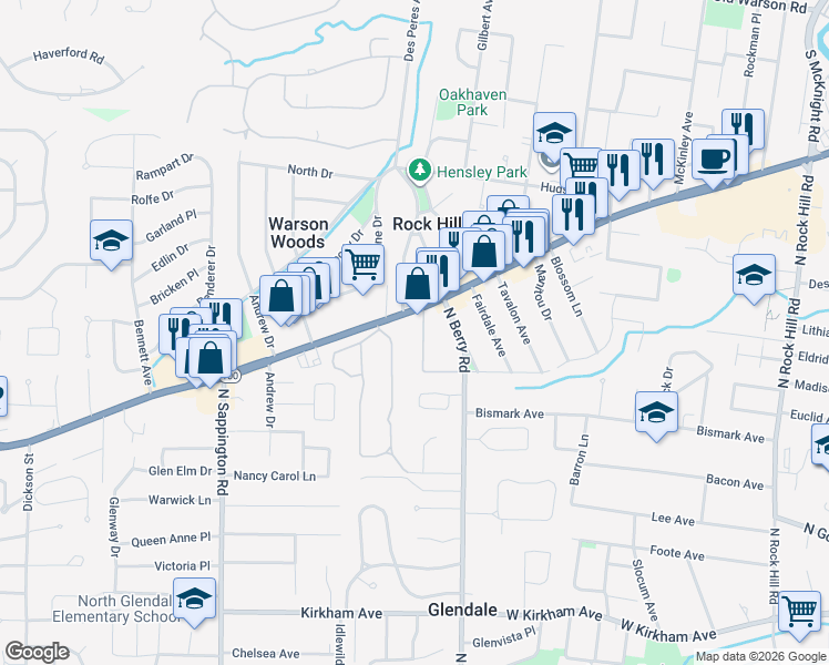 map of restaurants, bars, coffee shops, grocery stores, and more near 7 Frederick Lane in St. Louis