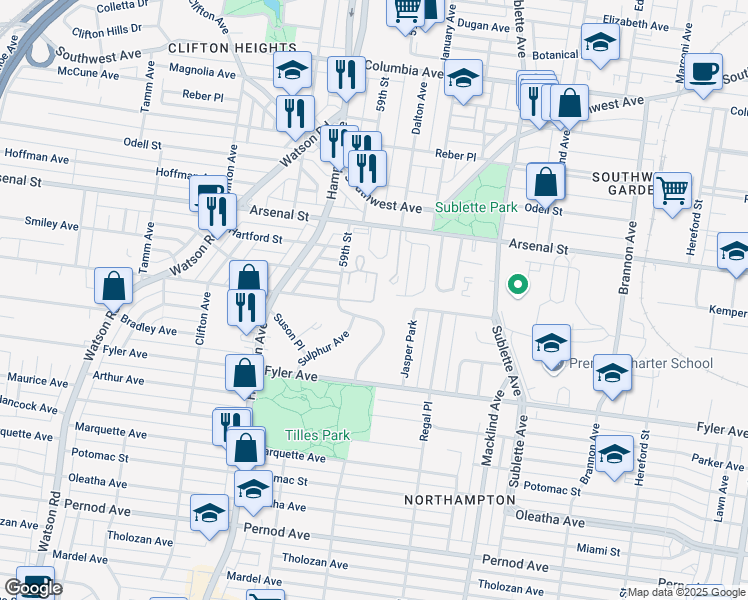 map of restaurants, bars, coffee shops, grocery stores, and more near Carrsville Court in St. Louis