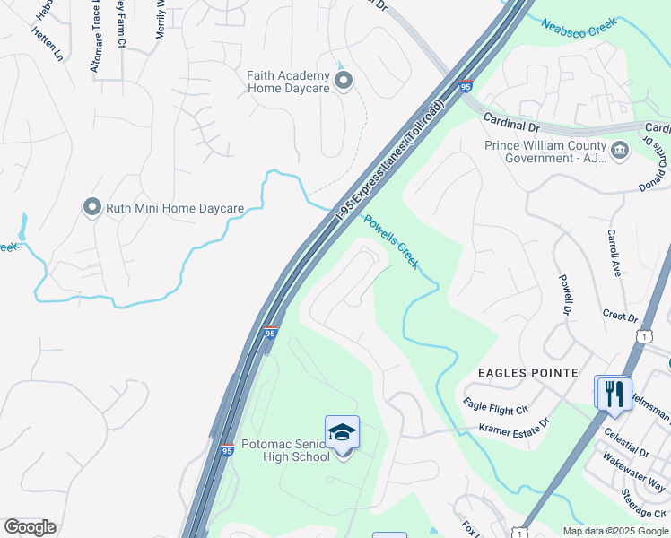 map of restaurants, bars, coffee shops, grocery stores, and more near 3499 Eagle Ridge Drive in Woodbridge