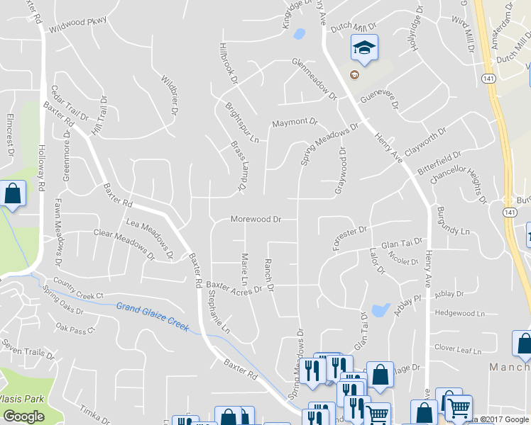 map of restaurants, bars, coffee shops, grocery stores, and more near 207 Morewood Drive in Ballwin
