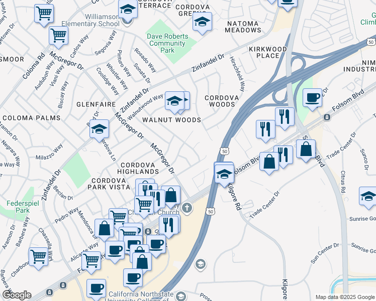 map of restaurants, bars, coffee shops, grocery stores, and more near 10920 Alandale Way in Rancho Cordova