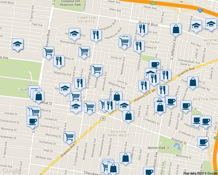 map of restaurants, bars, coffee shops, grocery stores, and more near 2824 Pennsylvania Avenue in St. Louis