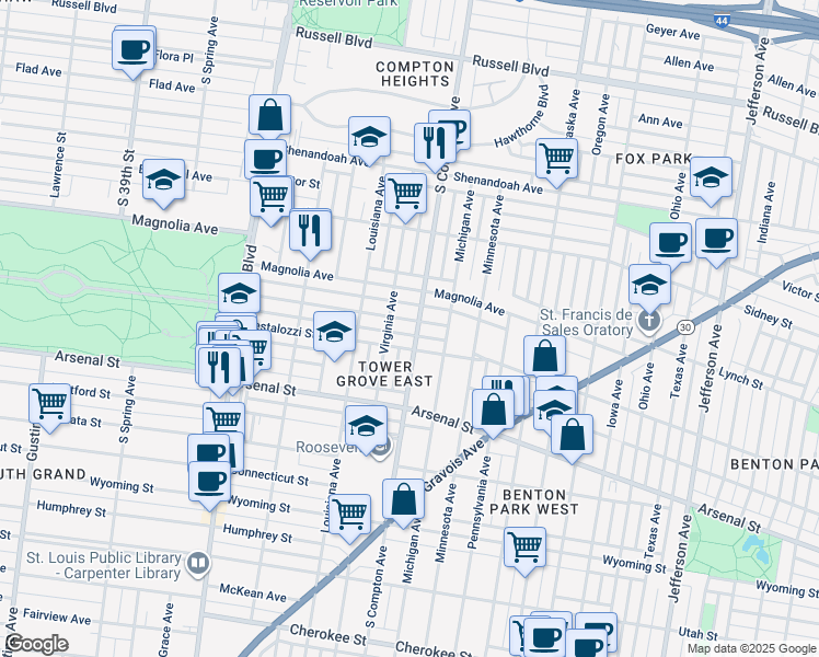 map of restaurants, bars, coffee shops, grocery stores, and more near 3211 Pestalozzi Street in St. Louis