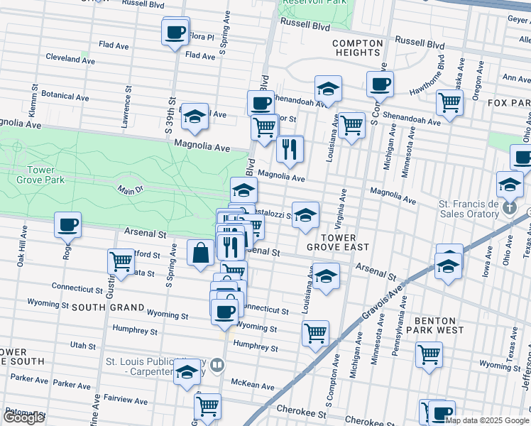 map of restaurants, bars, coffee shops, grocery stores, and more near 3504 Pestalozzi Street in St. Louis