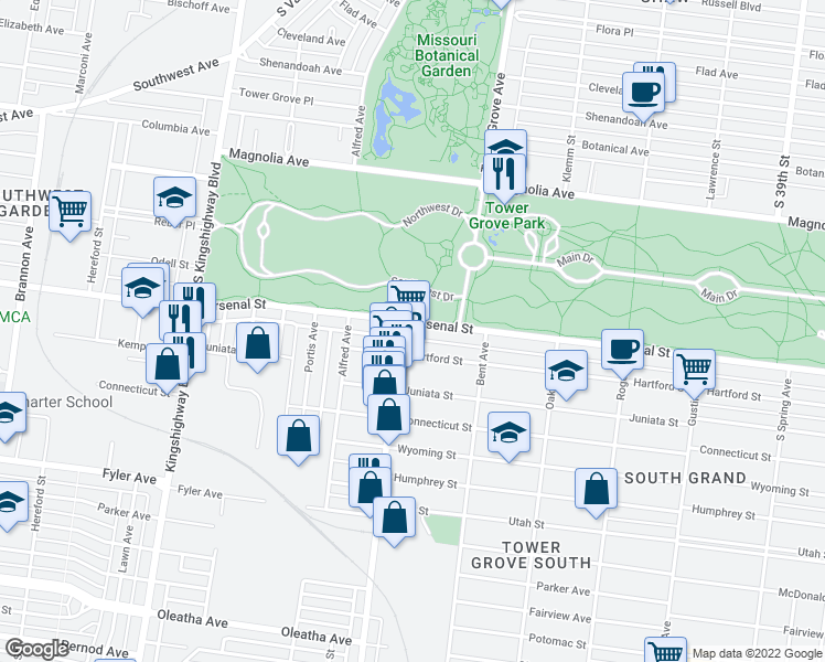 map of restaurants, bars, coffee shops, grocery stores, and more near 3116 Morgan Ford Road in St. Louis