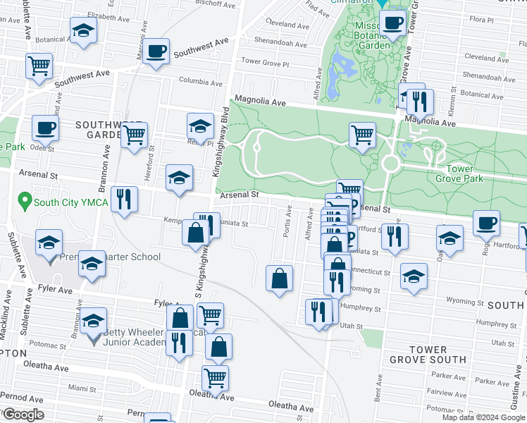 map of restaurants, bars, coffee shops, grocery stores, and more near 3132 Lackland Avenue in St. Louis