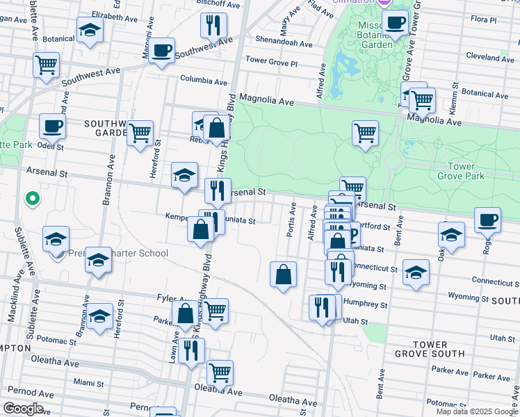 map of restaurants, bars, coffee shops, grocery stores, and more near 3136 Maury Avenue in St. Louis