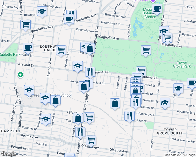 map of restaurants, bars, coffee shops, grocery stores, and more near 3135 Gurney Avenue in St. Louis