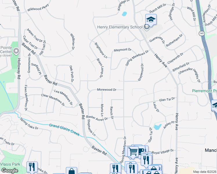map of restaurants, bars, coffee shops, grocery stores, and more near 207 Morewood Drive in Ballwin