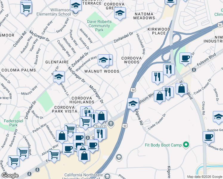 map of restaurants, bars, coffee shops, grocery stores, and more near 10920 Alandale Way in Rancho Cordova