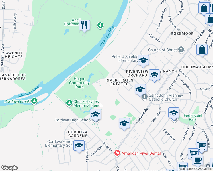 map of restaurants, bars, coffee shops, grocery stores, and more near 2208 Trails Court in Rancho Cordova
