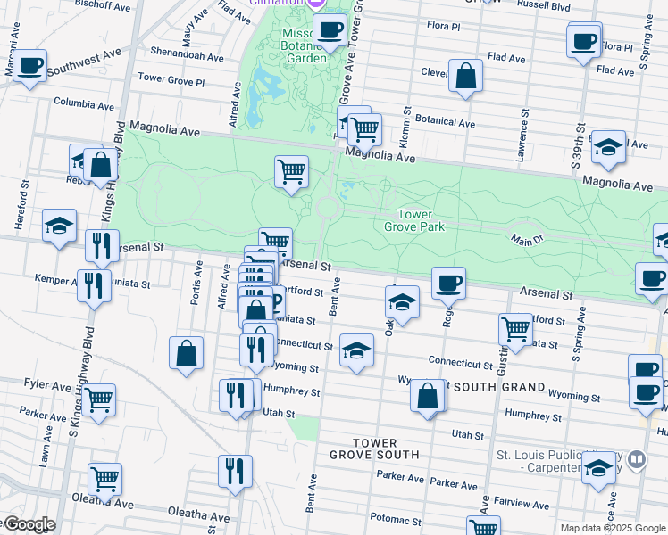 map of restaurants, bars, coffee shops, grocery stores, and more near 4202 Arsenal Street in St. Louis