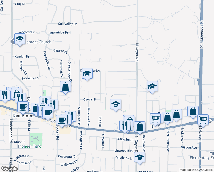 map of restaurants, bars, coffee shops, grocery stores, and more near 643 Scottsdale Road in Kirkwood
