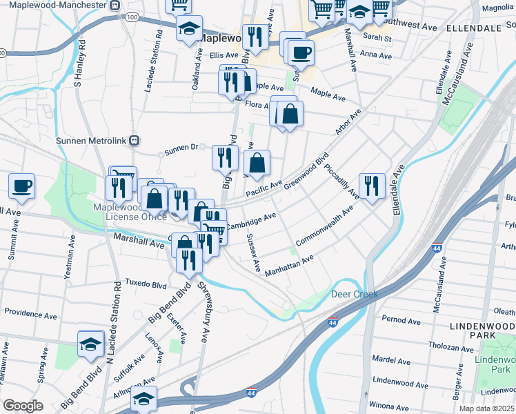 map of restaurants, bars, coffee shops, grocery stores, and more near 3625 Cambridge Avenue in Maplewood