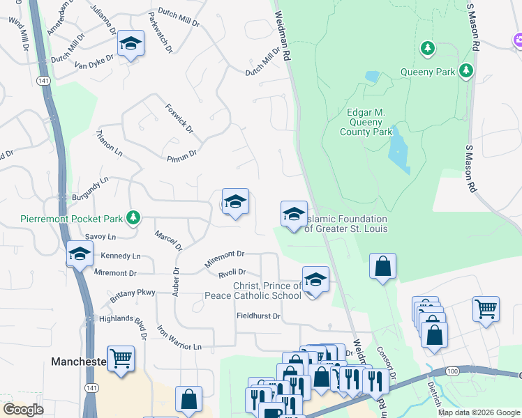 map of restaurants, bars, coffee shops, grocery stores, and more near 746 Auber Ridge Court in Ballwin