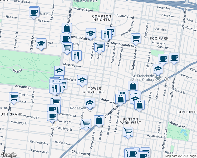 map of restaurants, bars, coffee shops, grocery stores, and more near 3211 Pestalozzi Street in St. Louis